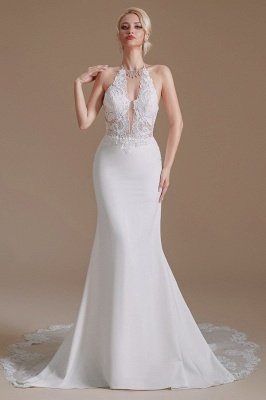 Elegant Deep V-Neck Floral Lace Mermaid Wedding Dress Sleeveles halter White Satin Bride Dress_2