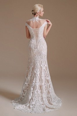 Schicke Flügelärmel, weißes Meerjungfrau-Hochzeitskleid mit Spitzenapplikationen, hochgeschlossenes Brautkleid_5