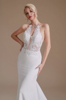 Elegantes, tiefes V-Ausschnitt-Blumenspitze-Meerjungfrau-Hochzeitskleid, ärmelloses Halfter, weißes Satin-Brautkleid_6