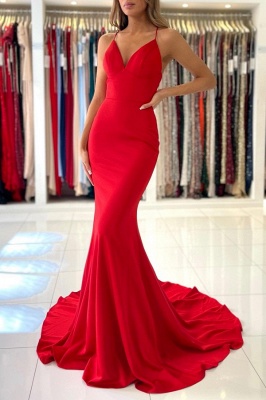 Robe de bal en satin rouge sexy bretelles spaghetti robe de soirée col en V longue_2
