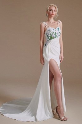Stunning Spaghetti Straps Side Slit Wedding Dress with Leaves Pattern_3