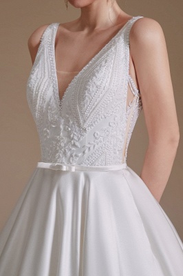 Aline Wedding Dress Sleeveless V-Neck Satin Bridal Dress with Floral Lace Pattern_8