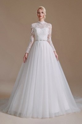 Aline Wedding Dress High Neck Long Sleeves Bridal Dress with Floral Lace_2