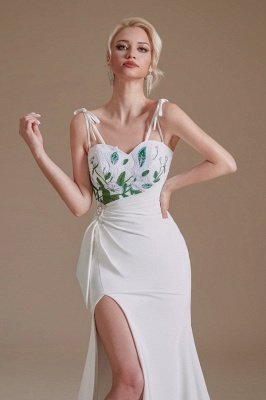 Stunning Spaghetti Straps Side Slit Wedding Dress with Leaves Pattern_6