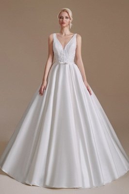Aline Wedding Dress Sleeveless V-Neck Satin Bridal Dress with Floral Lace Pattern_2