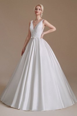 Aline Wedding Dress Sleeveless V-Neck Satin Bridal Dress with Floral Lace Pattern_3