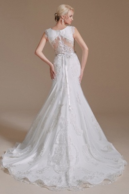 White Sleeveless Mermaid Wedding Dress Floral Lace Bridal Dress wit Belt_6