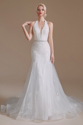 Charming Halter Mermaid  Bridal Dress Off-the-Shoulder White Wedding Dress with Deep V-Neck_2