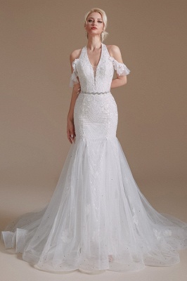 Charming Halter Mermaid  Bridal Dress Off-the-Shoulder White Wedding Dress with Deep V-Neck_1