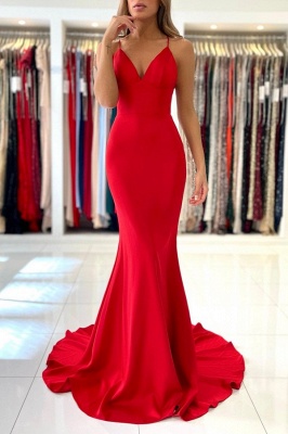 Red Sexy Satin Prom Dress Spaghetti Straps V-Neck Evening Dress Long_1