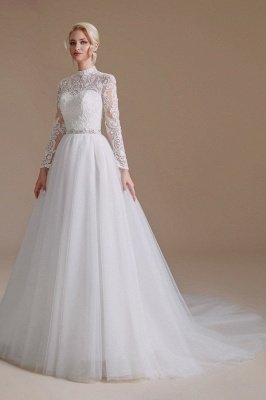 Aline Wedding Dress High Neck Long Sleeves Bridal Dress with Floral Lace_4