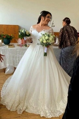 Gorgeous Long Sleeves Wedding Dress Aline White Tulle Lace Bridal Dress_2