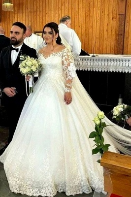 Gorgeous Long Sleeves Wedding Dress Aline White Tulle Lace Bridal Dress_3