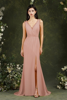 Платье выпускного вечера длиной до пола с глубоким V-образным вырезом без рукавов и разрезом спереди_1