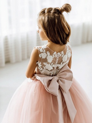 Dusty Pink Flower Girl Dress Tulle Sleeveless Lace First communion dress for girl Birthday Party Dress Bowtie with Train_7