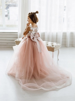 Dusty Pink Flower Girl Dress Tulle Sleeveless Lace First communion dress for girl Birthday Party Dress Bowtie with Train_3