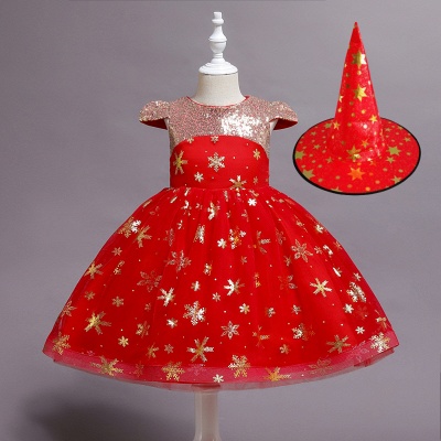 Cap sleeves v-neck sparkle stars red princess flower girl dress_12