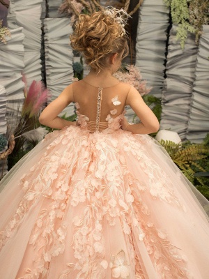 Cute Birthday Party Dress Sleeveless Tulle Floral First Communion Dress for Girl with Train_4