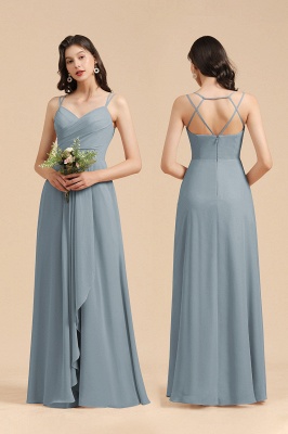 Elegant Ruched Chiffon Bridesmaid Dress Dusty Blue V-Neck Wedding Guest Dress_9