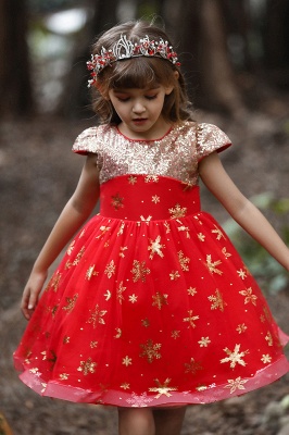 Cap sleeves v-neck sparkle stars red princess flower girl dress_4