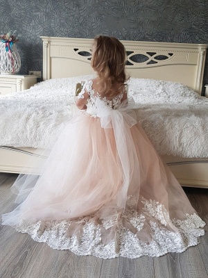 Kurze Ärmel Prinzessin Blumenmädchenkleider Blumenspitze Applikationen Blushing Pink formelles Kleid für Mädchen_3