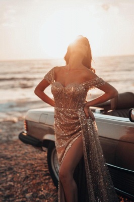 Sexy Glitter Sequins Side Slit Party Dress Off-the-Shoulder Long Evening Dress_2