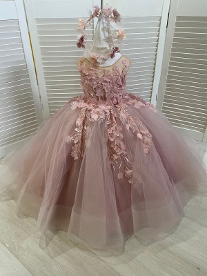 Cute Birthday Party Dress Sleeveless Tulle Floral First Communion Dress for Girl with Train_5