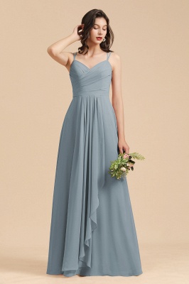Elegant Ruched Chiffon Bridesmaid Dress Dusty Blue V-Neck Wedding Guest Dress_7