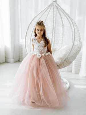 Dusty Pink Flower Girl Dress Tulle Sleeveless Lace First communion dress for girl Birthday Party Dress Bowtie with Train_4