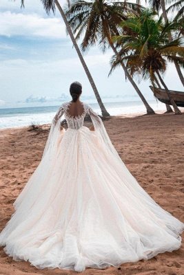 Superbe robe de mariée Aline avec dentelle florale manches longues avec de grandes fentes perles robes de mariée_2