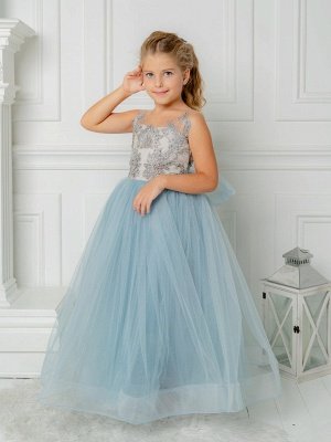 Süßes, ärmelloses Kleid für kleine Mädchen, himmelblauer Tüll, florale Spitzenapplikationen mit Fliege