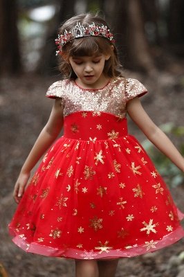 Blumenmädchenkleid mit Flügelärmeln und V-Ausschnitt, funkelnde Sterne, rotes Prinzessinnenkleid