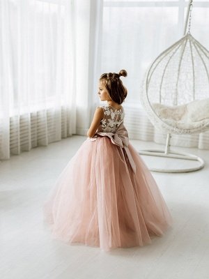 Пыльно-розовое платье с цветочным узором для девочек, кружевное платье без рукавов из тюля, платье для первого причастия для девочки, платье для дня рождения, галстук-бабочка со шлейфом_6