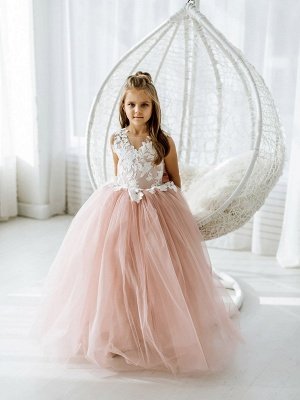 Пыльно-розовое платье с цветочным узором для девочек, кружевное платье без рукавов из тюля, платье для первого причастия для девочки, платье для дня рождения, галстук-бабочка со шлейфом_4