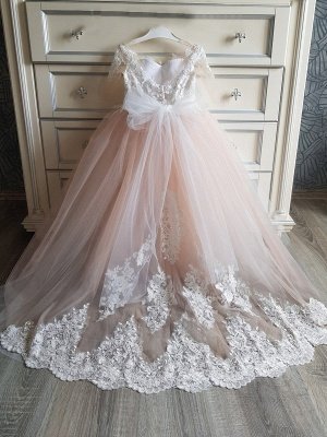 Kurze Ärmel Prinzessin Blumenmädchenkleider Blumenspitze Applikationen Blushing Pink formelles Kleid für Mädchen_4