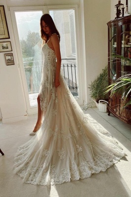 Elegante vestido de novia de encaje de tul blanco Sin mangas Vestido de novia simple_3