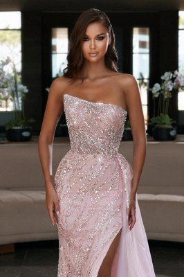 Pink Sparkly Sequins Side Slit Evening Dress Strapless Tulle Prom Gown_2