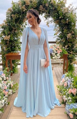 Sky blue v-neck chiffon floor lenth prom dress with shawl