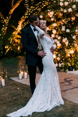 Белое свадебное платье Русалка с рукавами Свадебное платье с цветочным кружевом и открытыми плечами_2
