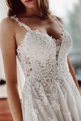 Elegante vestido de novia de encaje de tul blanco Sin mangas Vestido de novia simple_2