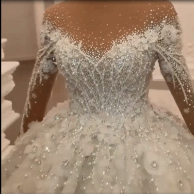 Gorgeous Crystals Floral Bridal Gown with Long Sleeves Glitter Sequins 3D Flower Wedding Dress_2