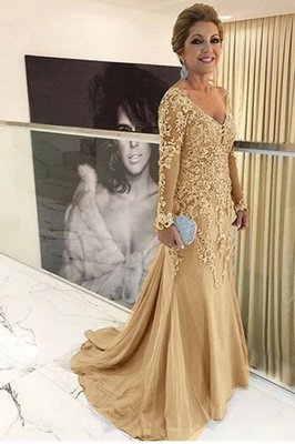 Gold v-neck long sleeves lace mother of the bride dress_1