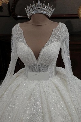 Magnifique robe de mariée paillettes paillettes Aline robe de mariée col en V avec manches_3