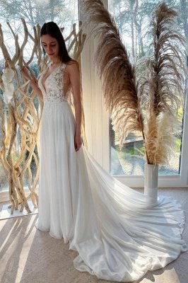 Elegant Floral Lace Wedding Dress Aline Simple Bridal Dress Sleeveless_1