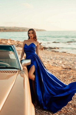 Encantador vestido de noche largo azul real con abertura lateral sin mangas vestido de fiesta de satén_1
