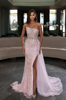 Pink Sparkly Sequins Side Slit Evening Dress Strapless Tulle Prom Gown_1