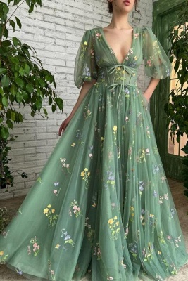 V-neck green long sleeves a-line floral prom dress_1