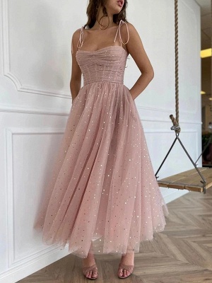 A-Line Ruffles Spaghetti Straps Sleeveless Ankle-Length Tulle Formal Party Dresses_2
