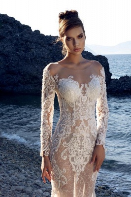 Long Sleeves Mermaid Wedding Dress White Tulle Bridal Gown_3