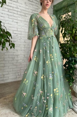 V-neck green long sleeves a-line floral prom dress_2